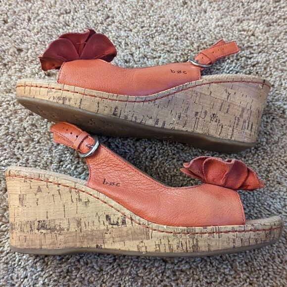 Born Concepts Pink Orange Leather Flower Slingback Peep Toe Cork Wedges - Picture 3 of 9
